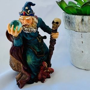 FIGURINE WIZARD w/ CRYSTAL BALL SKULL STAFF DRAGON
